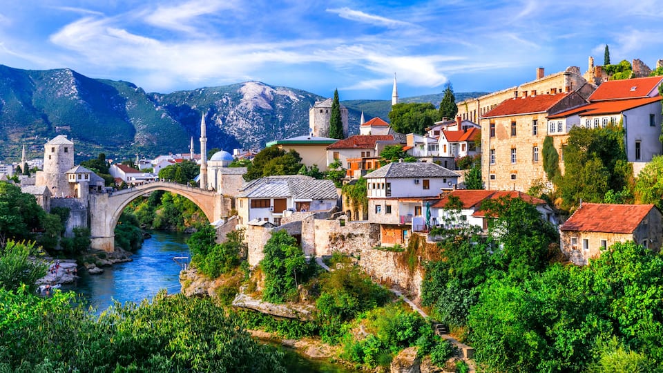 Stari Most Old Bridge in Mostar, Bosnia and Herzegovina. Iconic Ottoman architecture over the Neretva River. UNESCO World Heritage Site in the Balkans.