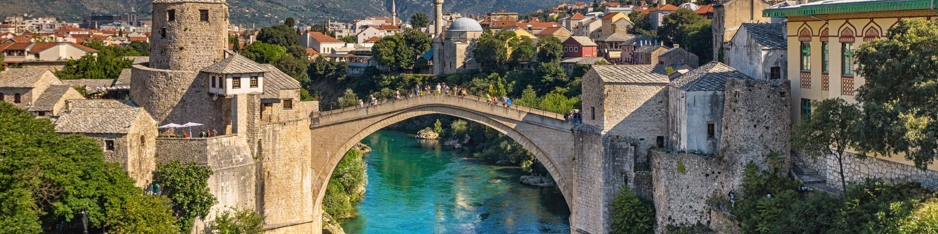 Aerial view on the medieval bridge of Mostar
