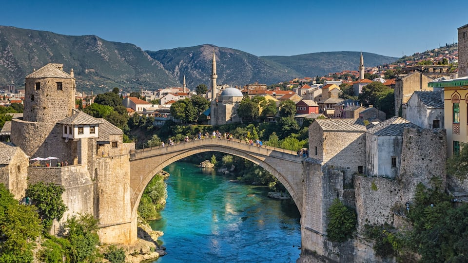 Aerial view on the medieval bridge of Mostar
