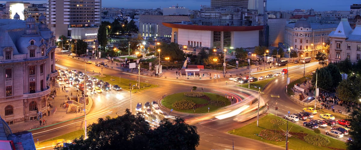 Aerial view at twilight of University Square (Piata Universitatii), Bucharest, Romania. This square is considered to be one of the focal points of the city.