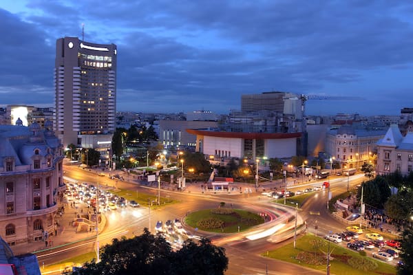 Aerial view at twilight of University Square (Piata Universitatii), Bucharest, Romania. This square is considered to be one of the focal points of the city.