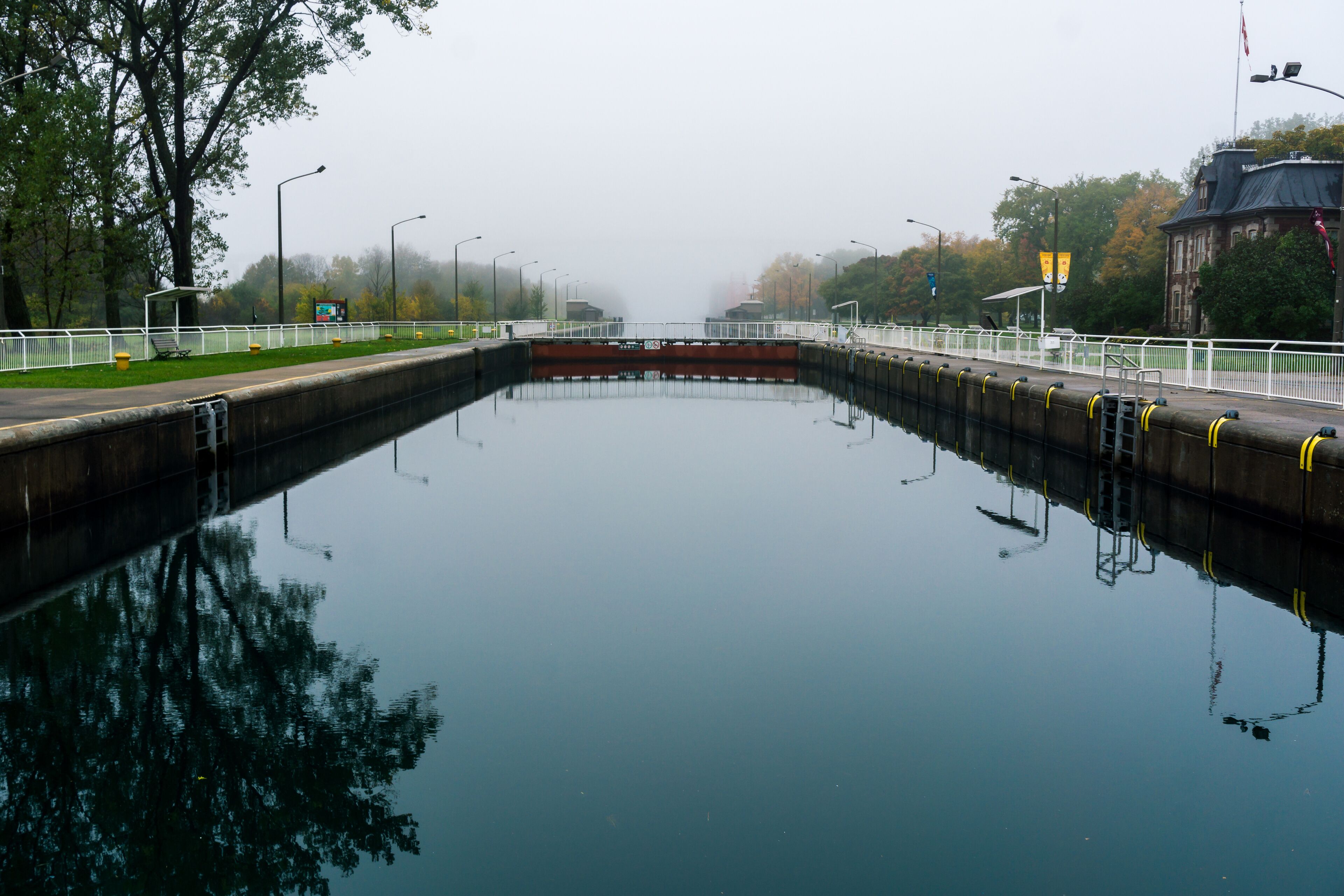 Sault Ste. Marie Canal National Historic Site in Ontarion on a foggy morning