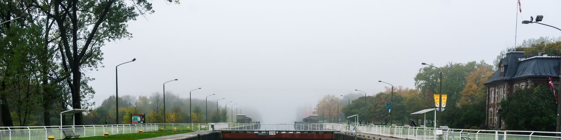 Sault Ste. Marie Canal National Historic Site in Ontarion on a foggy morning