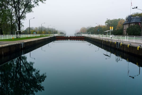 Sault Ste. Marie Canal National Historic Site in Ontarion on a foggy morning