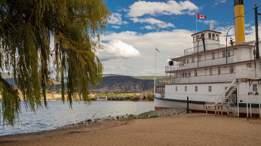Un río con una embarcación blanca grande amarrada a la derecha, una bandera canadiense en la parte superior y un sauce llorón a la izquierda.