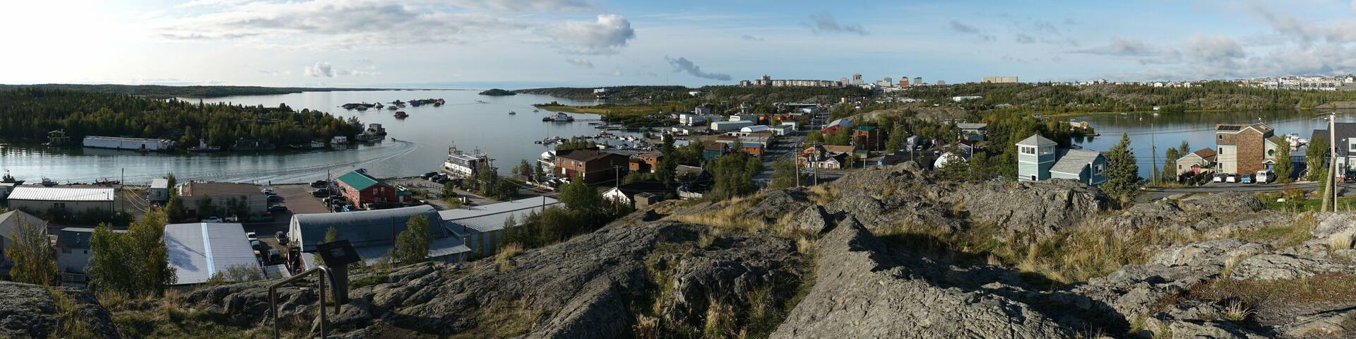 Yellowknife, Canada - September 1, 2019: Panoramic view of Yellowknife in the Northwest Territories, Canada, in summer