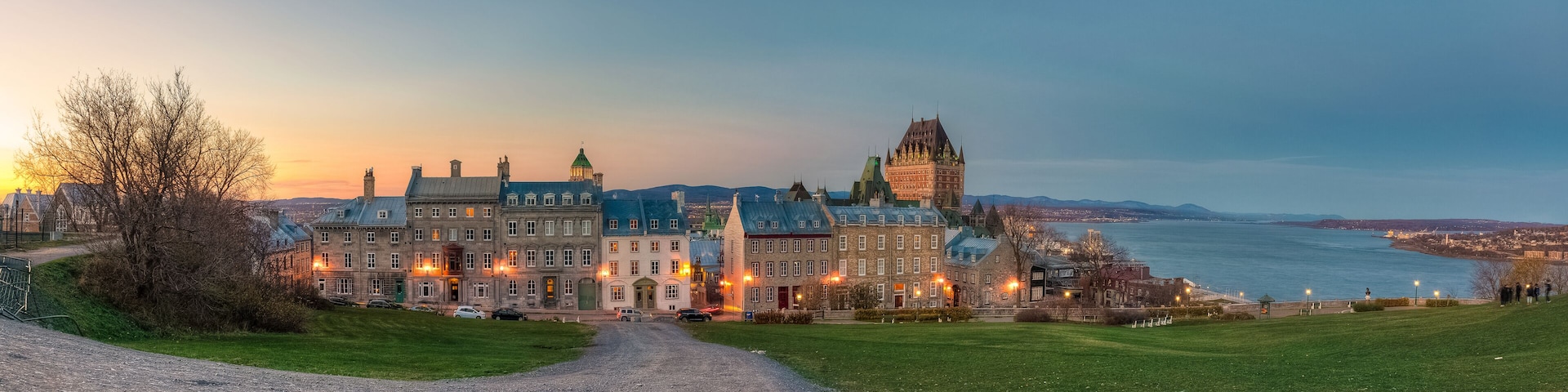 Panoramic view of Old Quebec city, Chateau Frontenac and St-Denis street at dusk, Quebec city, Canada