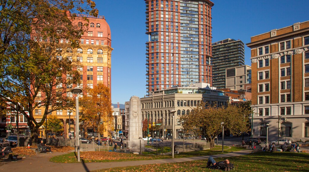 Victory Square Park in downtown Vancouver on a warm autumn day