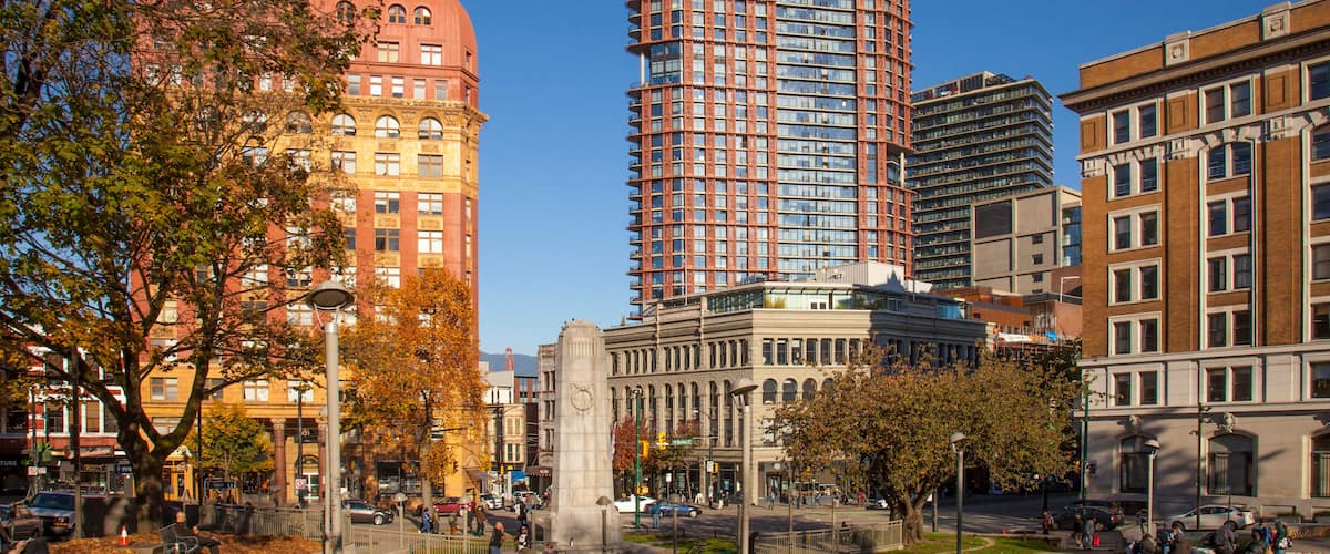 Victory Square Park in downtown Vancouver on a warm autumn day