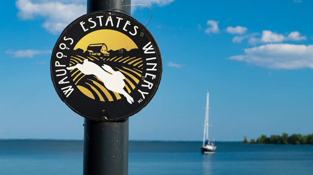 Waupoos Winery featuring general coastal views and signage