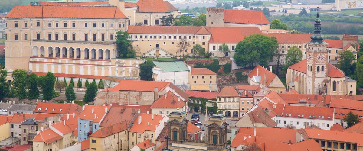 South Moravian showing farmland and a city