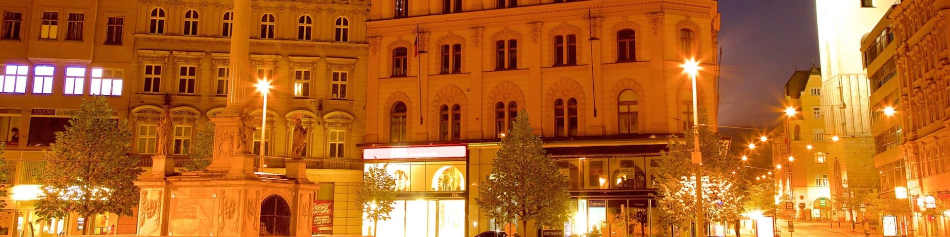 Brno which includes a city, night scenes and a square or plaza