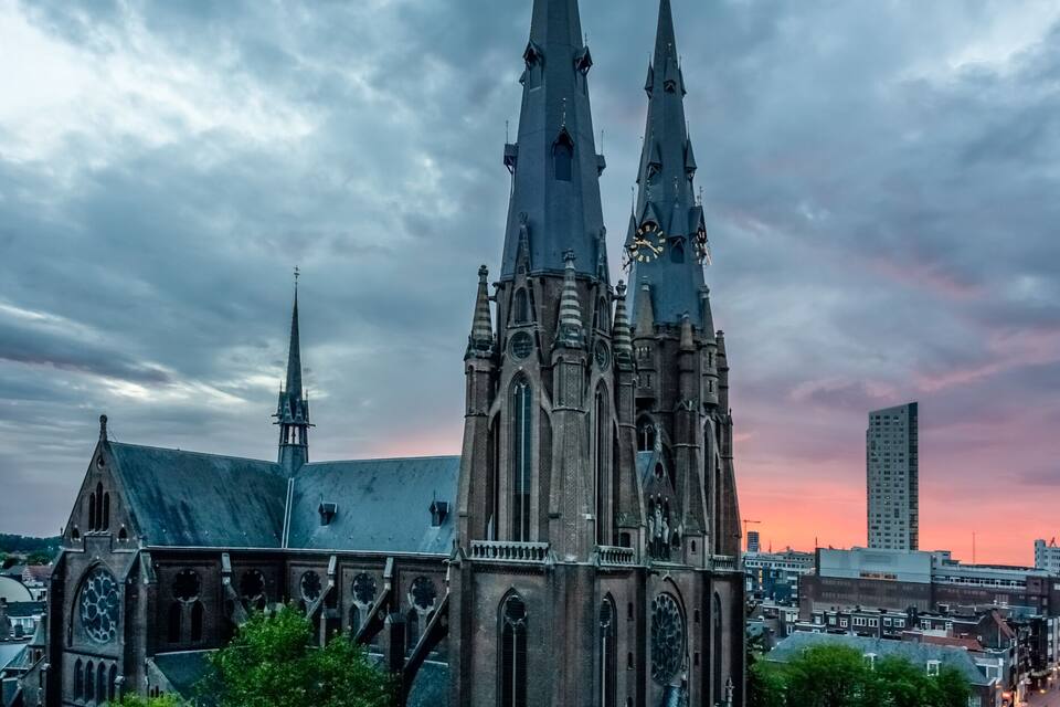 Uma catedral gótica com duas torres pontiagudas e um campanário, rodeada por edifícios urbanos e árvores.