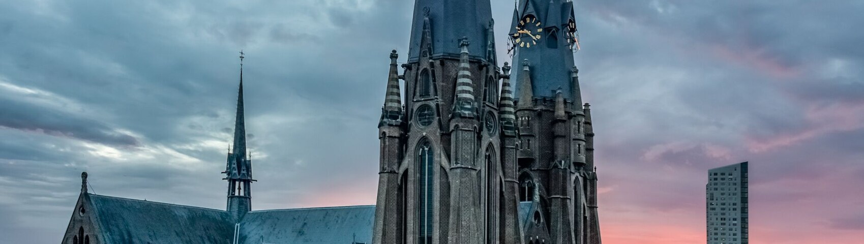 Very rare view of the Saint Catherina Church in Eindhoven, Netherlands located on the Catherinaplein at the end of Stratumseind. The Church is built in Gothic Revival style.