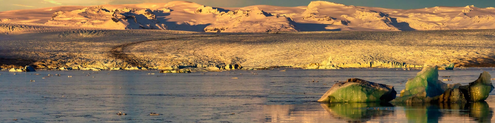 A glacier with icebergs in a body of water, mountains in the background, and a cloudy sky.