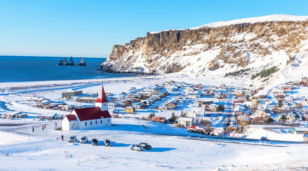 Aereal winter landscape view of Vik I Myrdal in Iceland.