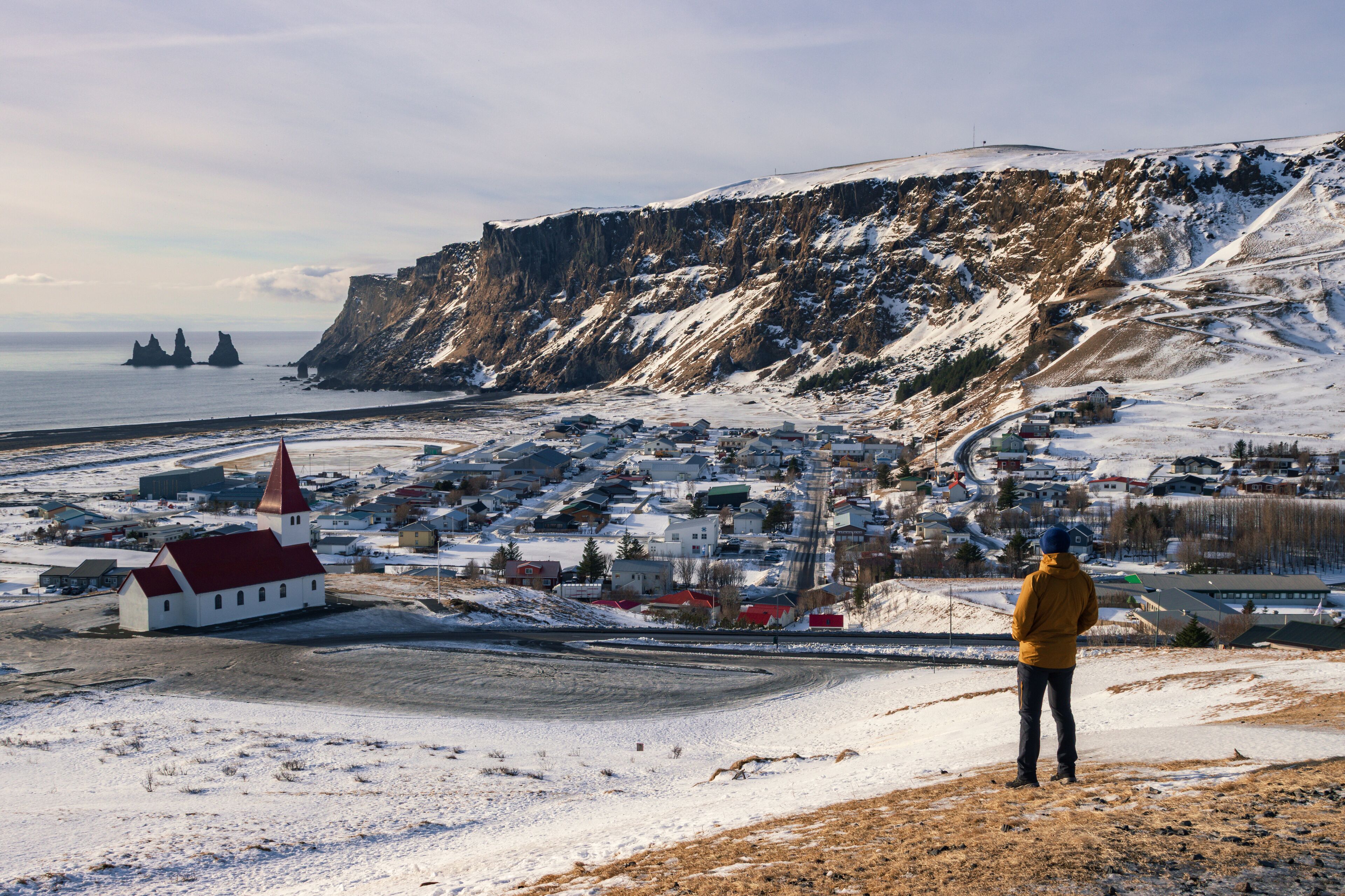 Beautiful view of Vikurkirkja church in the town of Vík í Mýrdal (South Iceland)