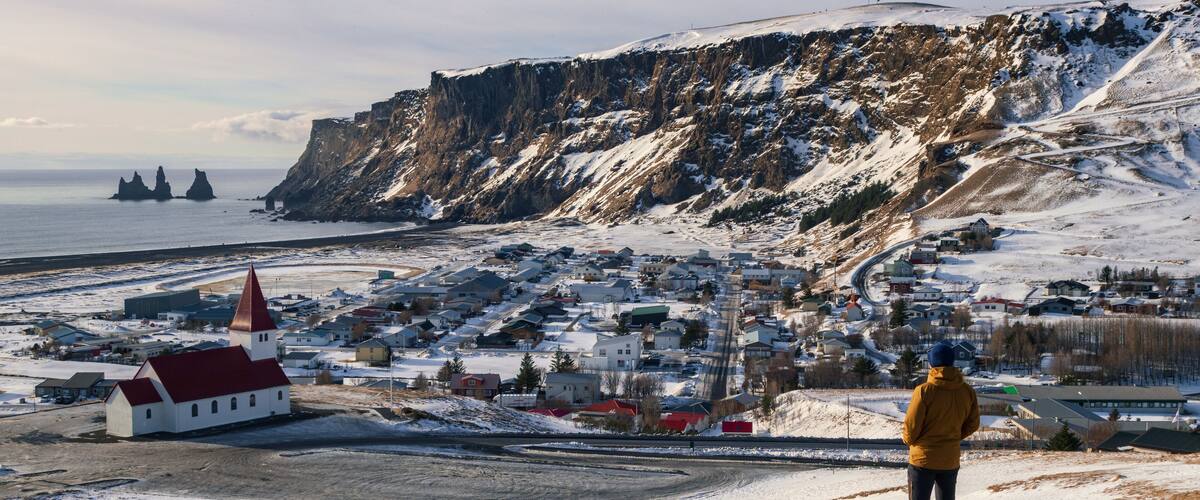 Beautiful view of Vikurkirkja church in the town of Vík í Mýrdal (South Iceland)