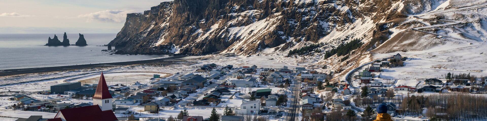 Beautiful view of Vikurkirkja church in the town of Vík í Mýrdal (South Iceland)