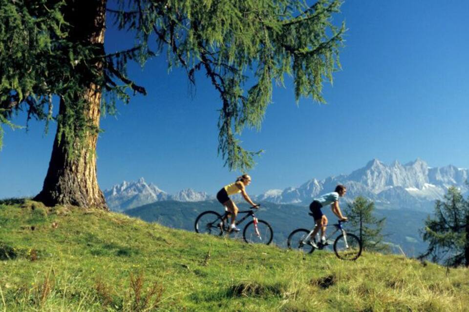 Dois ciclistas em uma colina gramada, com uma cordilheira ao fundo.