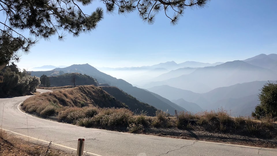 A winding mountain road with pine trees, dry grass, and distant mountain ranges under a clear sky.