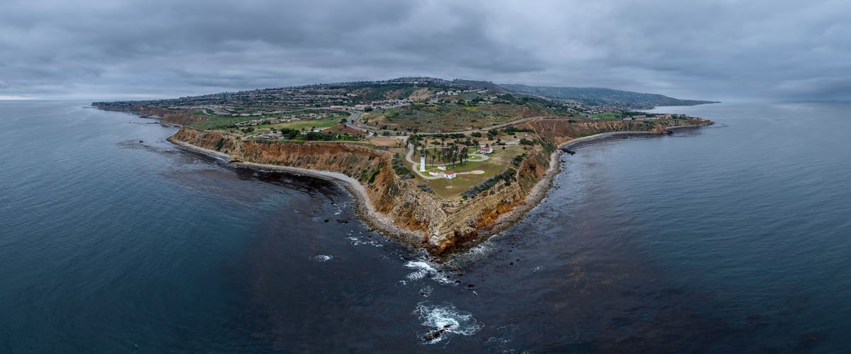 Aerial view of Point Vicente Lighthouse overlooking the Atlantic Ocean, Rancho Palos Verdes, California.