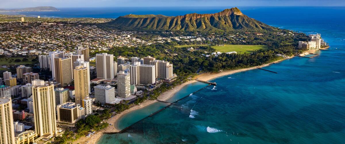 Waikiki skyline with Queen Kapiolani Regional Park, Kuhio Beach, and Diamond Head in the background