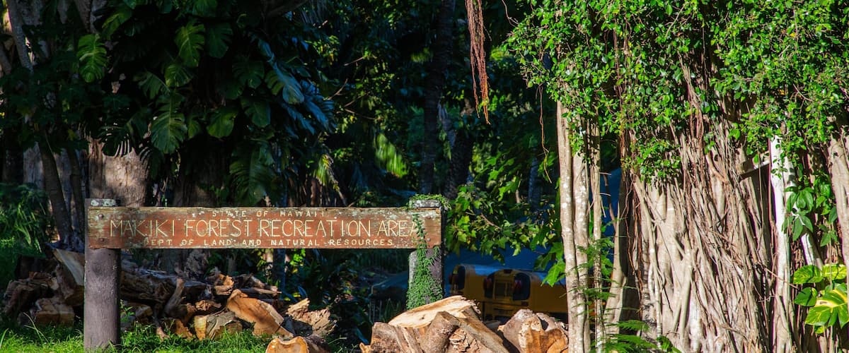 Makiki Forest Recreation Area showing signage and a park