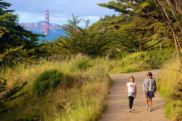A dirt path with dense greenery and a view of the Golden Gate Bridge in the distance.
