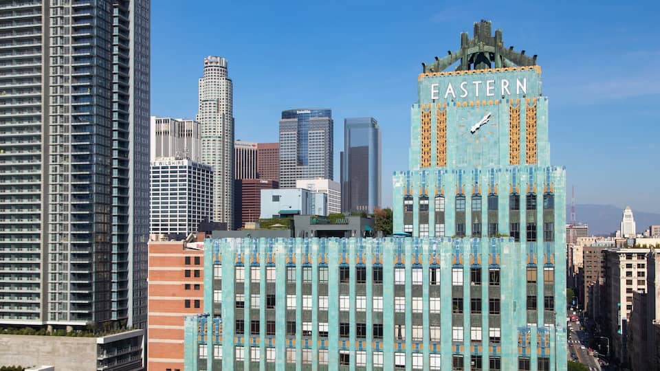Eastern Columbia Building showing a high rise building, a city and signage