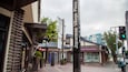 A street with Japanese Village Plaza, a building with a blue roof, and a store named Tokyo Cosmetics.