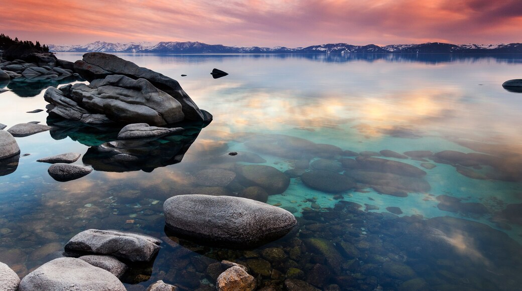 Rocks on the east shore of Lake Tahoe at sunset near Thunderbird Lodge.