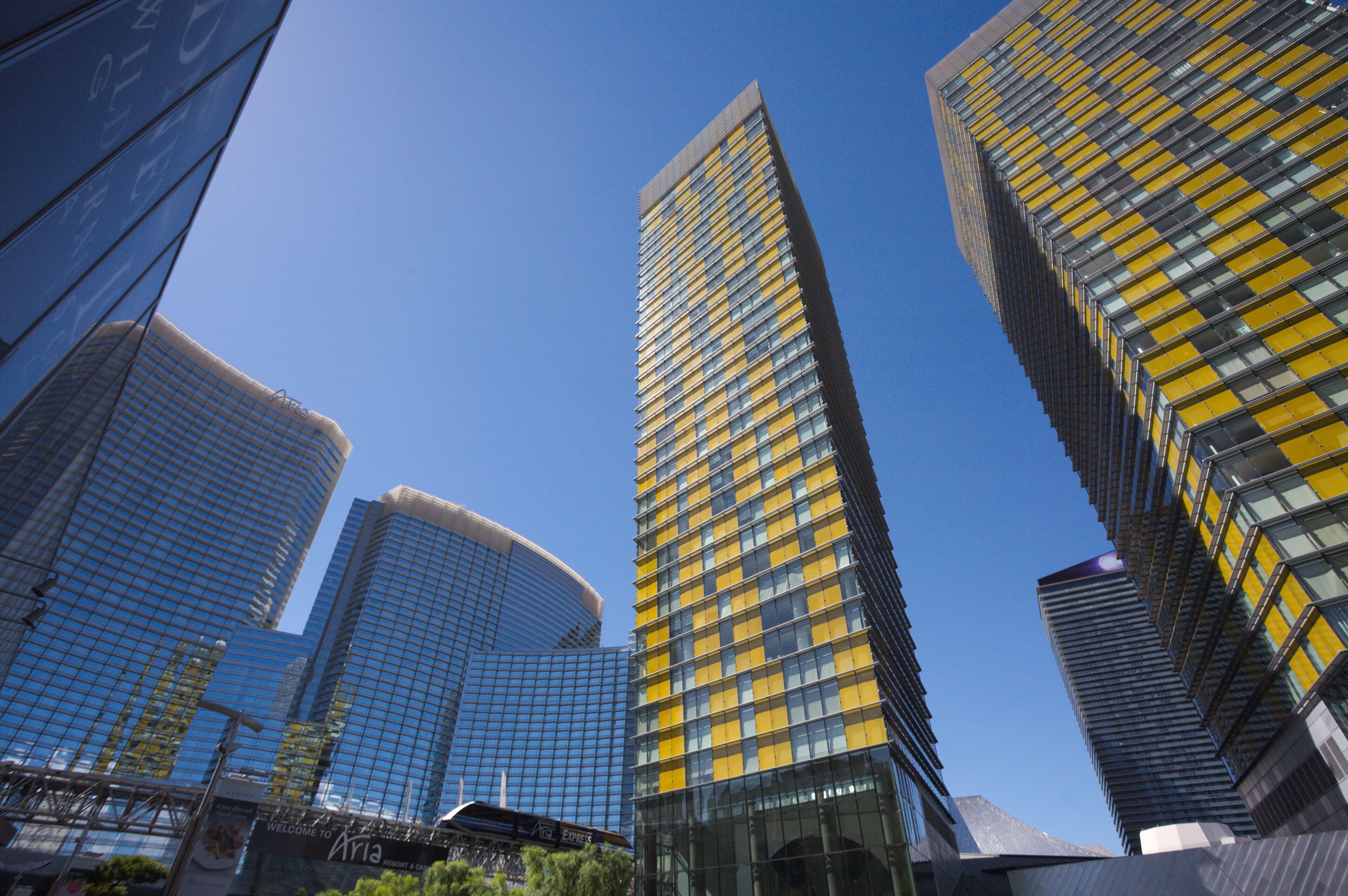 Exterior views of the Aria Casino Resort on the Las Vegas Strip. The Aria Casino Resort is a famous and popular luxury casino in Vegas.