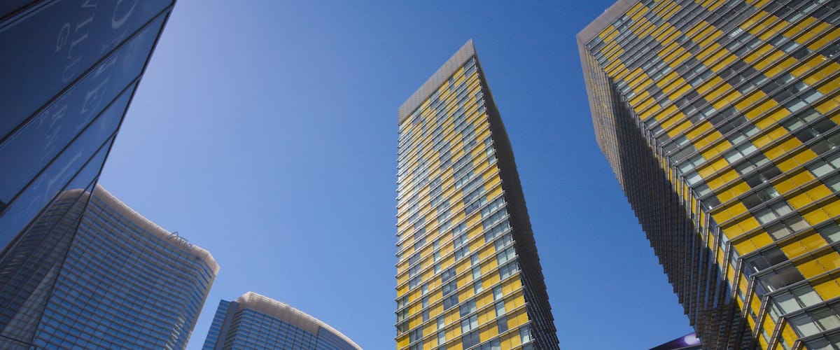 Exterior views of the Aria Casino Resort on the Las Vegas Strip. The Aria Casino Resort is a famous and popular luxury casino in Vegas.