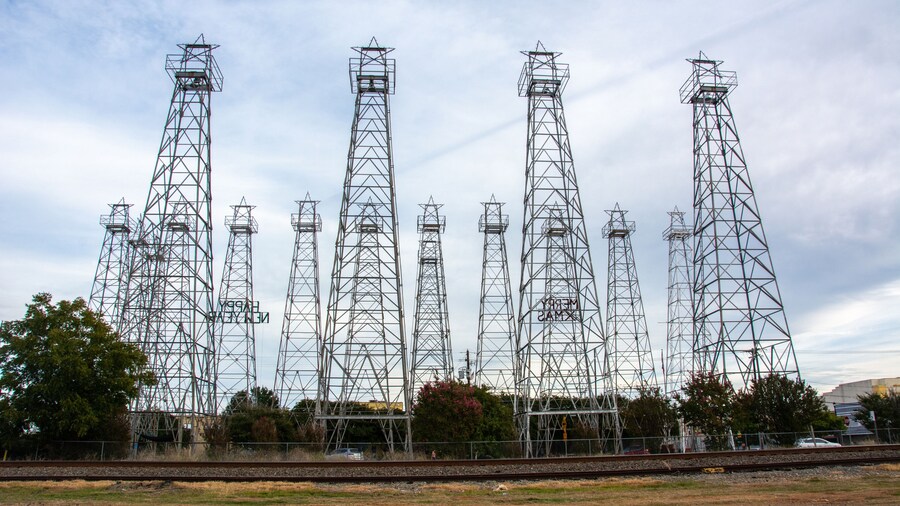 Iron oil derricks in the World's Richest Acre Park in downtown Kilgore, where the greatest concentration of oil wells in the world once stood, in Gregg and Rusk counties, Texas, USA