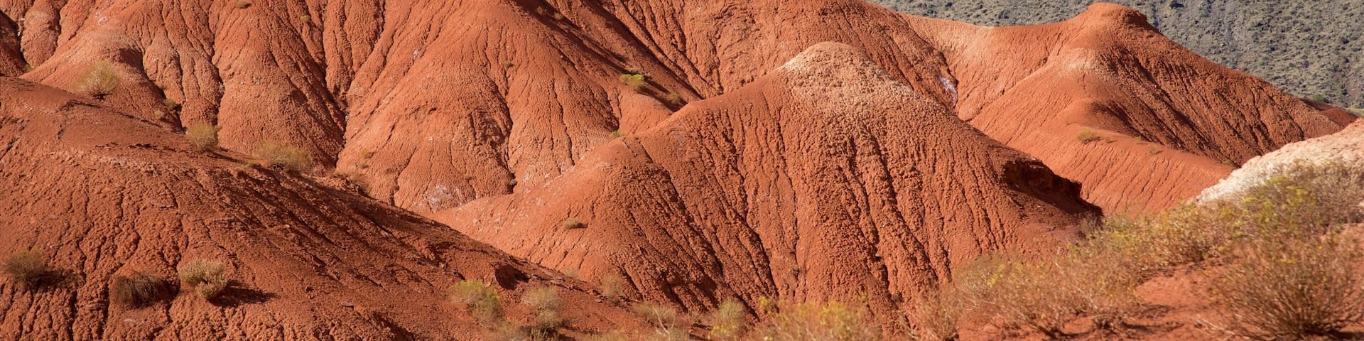 A red desert landscape with layered hills and distant mountains.