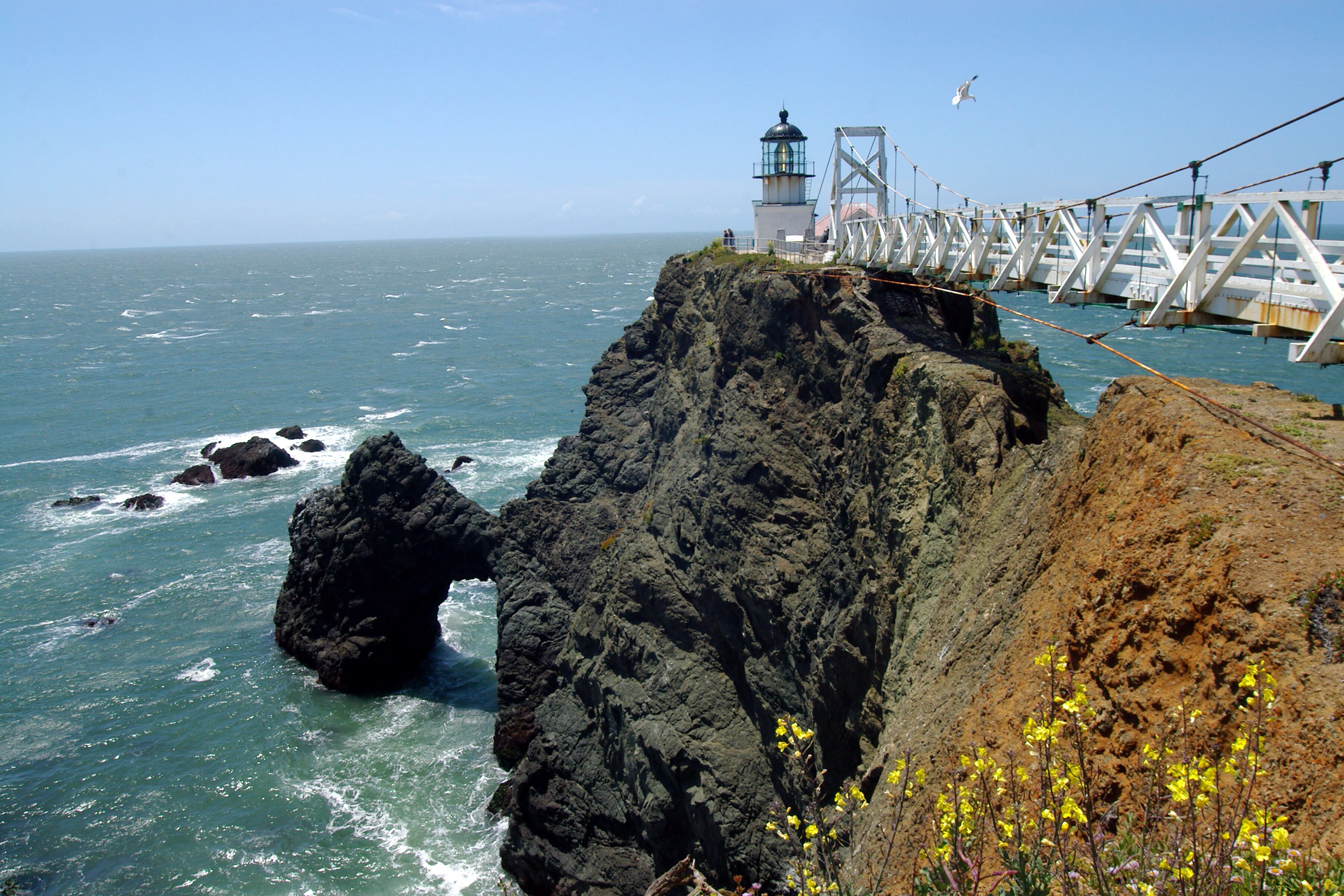 The lighthouse is located at Point Bonita on the San Francisco Bay entrance in the Marin Headlands near Sausalito. The Point Bonita light was the last manned lighthouse on the California coast.