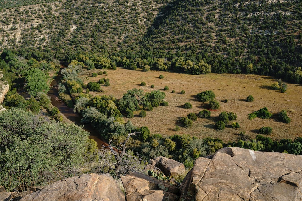 Eine gebirgige Landschaft mit einem sich durch ein Tal schlängelnden Fluss, umgeben von dichtem Grün und Felsformationen.