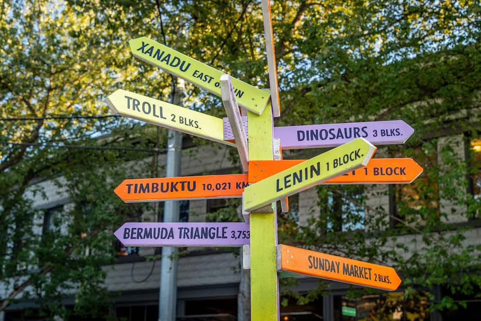 A colorful directional signpost with multiple destinations.