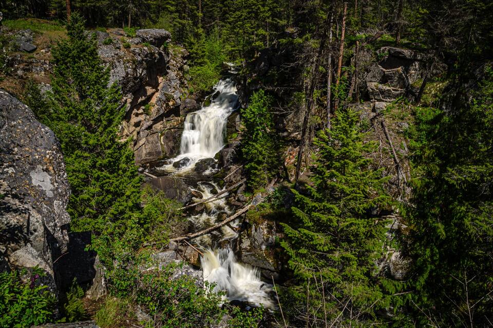 A waterfall cascading over rocks surrounded by dense green forest.