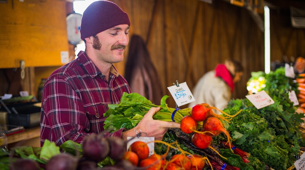 Olympia Farmers Market featuring food and markets as well as an individual male