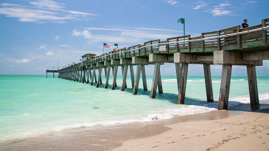 Venice Fishing Pier featuring general coastal views and a beach