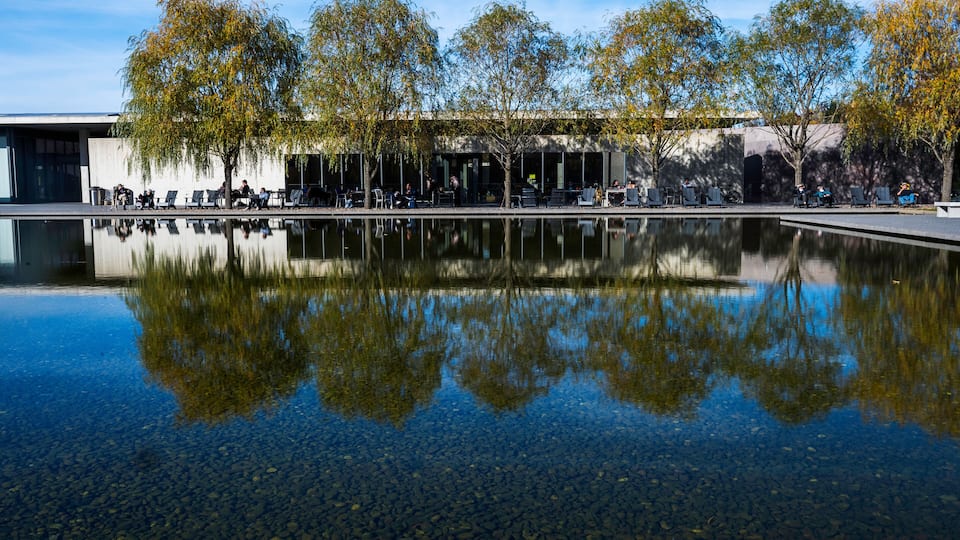 A modern building with outdoor seating, a reflective water feature, and trees with autumn foliage.