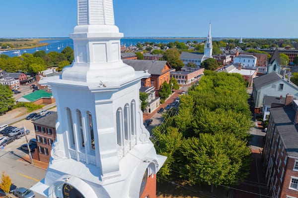 Newburyport historic downtown aerial view including Central Congregational Church with Merrimack River at the background, city of Newburyport, Massachusetts, MA, USA.