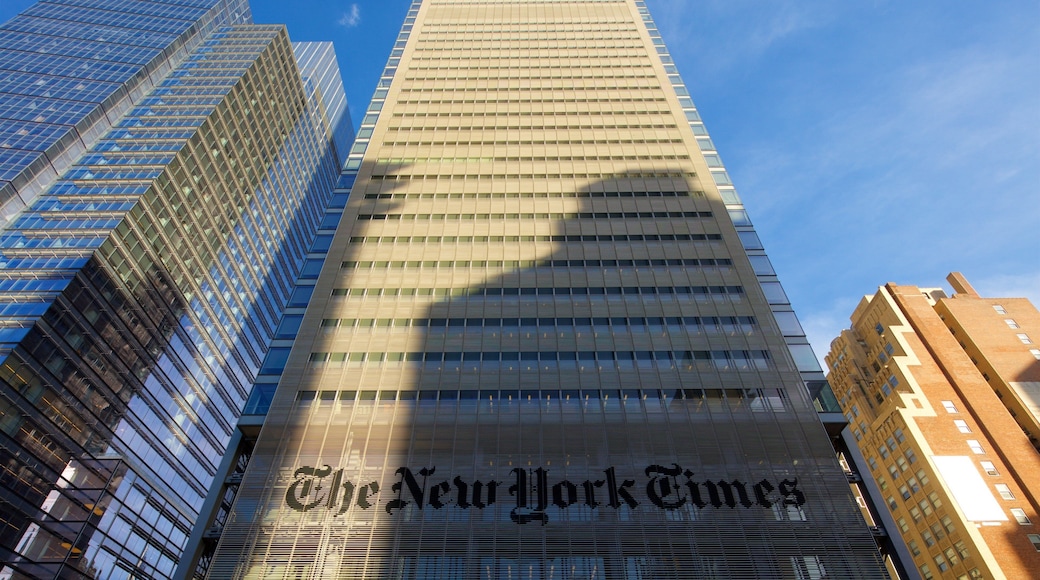New York Times Building showing a city, a high-rise building and signage