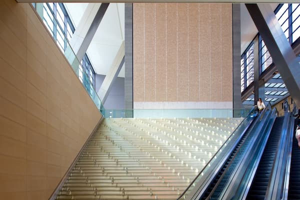 Hearst Tower which includes interior views as well as a small group of people