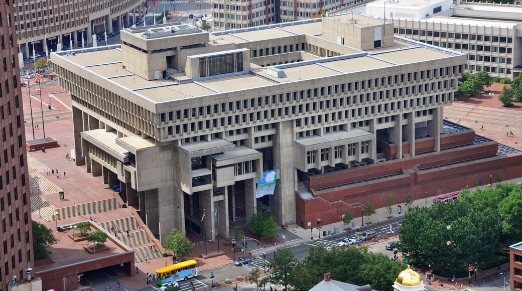 Aerial view of Boston City Hall. An brutalist style building