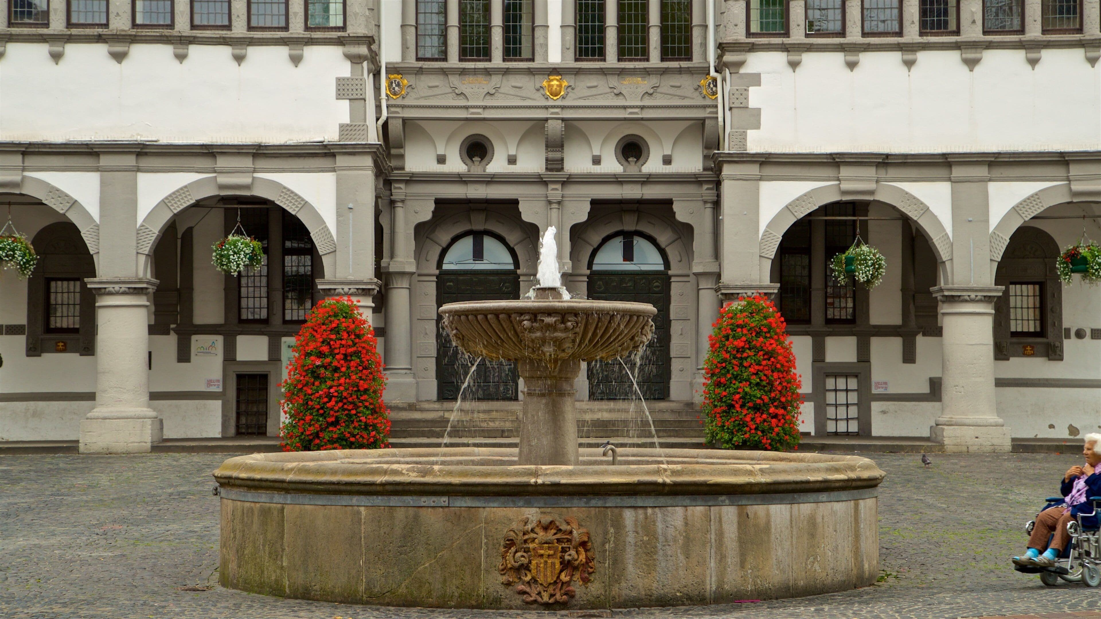 Rathaus que inclui flores, elementos de patrimônio e uma fonte