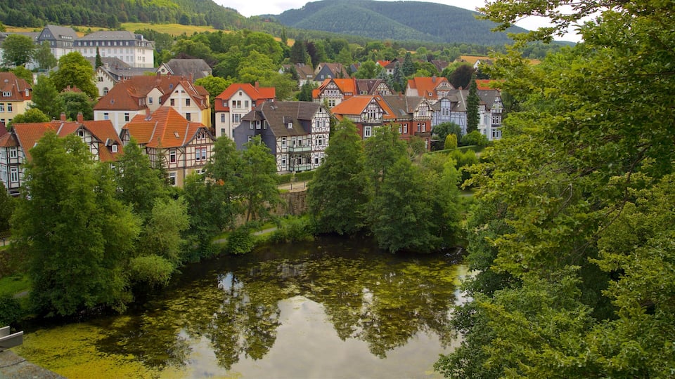 A picturesque village with traditional half-timbered houses by a river.