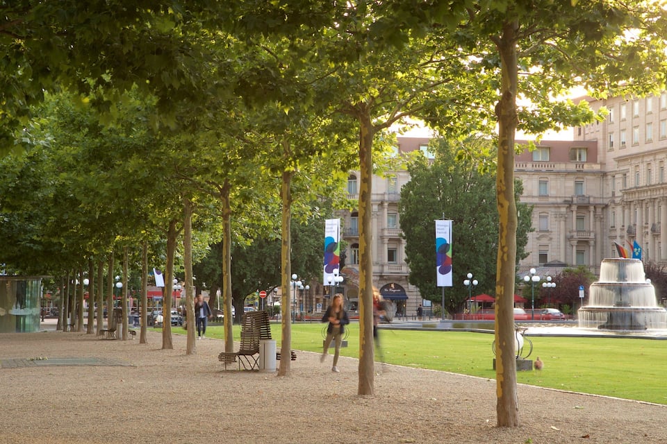 Een park met bomen, banken, een fontein en vlaggen.
